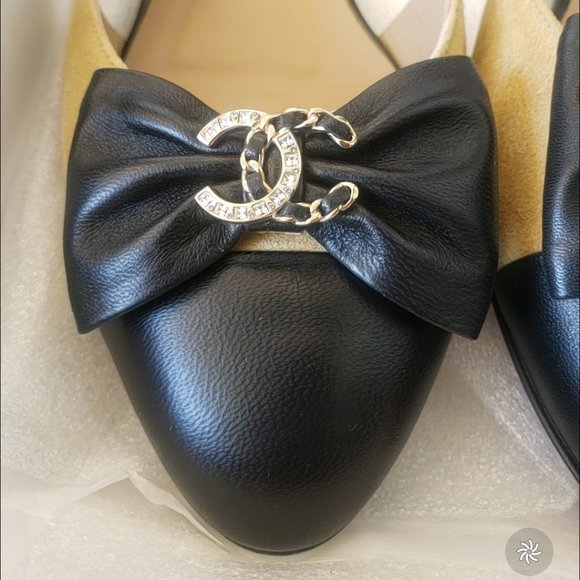 RARE Chanel CRYSTAL Leather & Suede Bow Flats size 38.5C 🎀💖😍🖤 - Picture 6 of 17